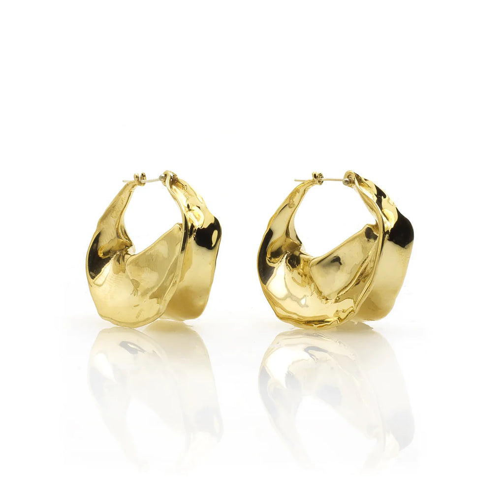 A pair of gold-colored hoop earrings on a white background