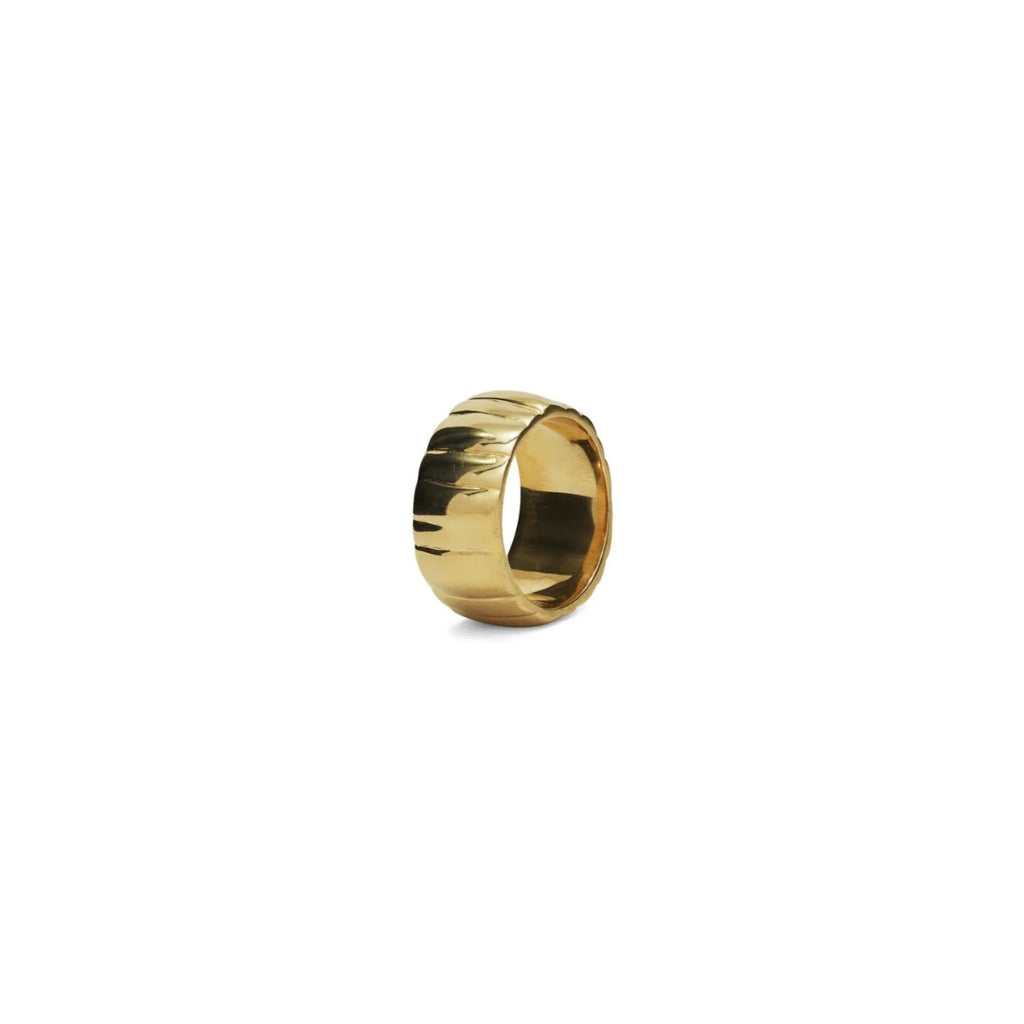 Gold ring with a ribbed texture on a white background