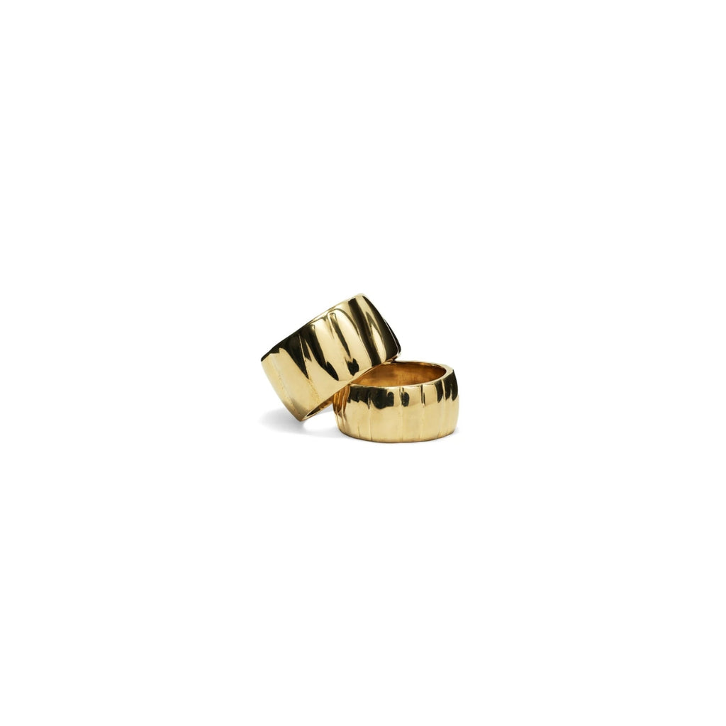 Two gold rings on a white background