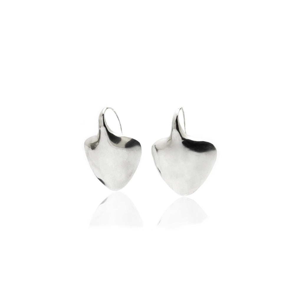 Pair of silver heart-shaped earrings on a white background