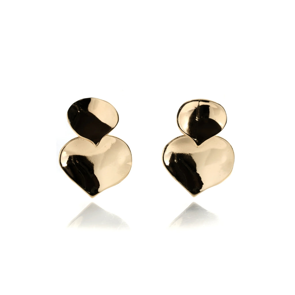 A pair of gold earrings featuring a modern, sculptural design resembling layered leaves.