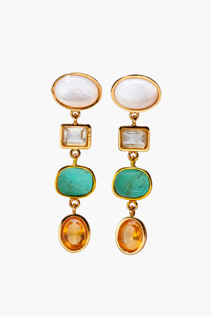 Make a statement with the Aurora Earrings by Lizzie Fortunato, featuring gold-plated linked columns, mother-of-pearl tops, and stunning green amethyst, turquoise, and citrine-colored faceted glass stones that are perfect for any occasion.