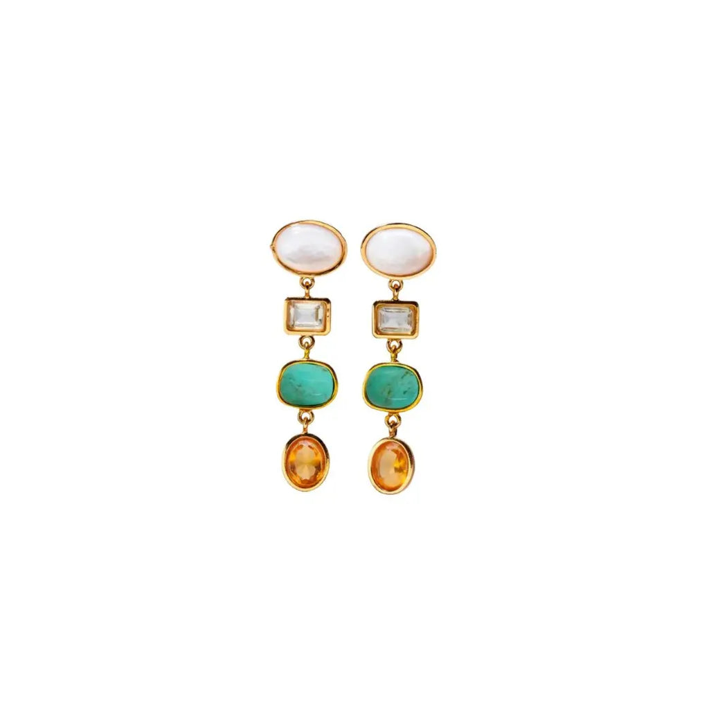 Make a statement with the Aurora Earrings by Lizzie Fortunato, featuring gold-plated linked columns, mother-of-pearl tops, and stunning green amethyst, turquoise, and citrine-colored faceted glass stones that are perfect for any occasion.