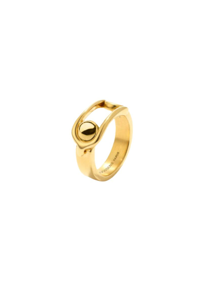 The Boucle Ring by Goossens Paris is a sleek and modern brass ring soaked in a 24-carat gold bath, featuring the distinctive House of Goossens clasp and a light and pleasant design that can be mixed and matched for a unique effect.