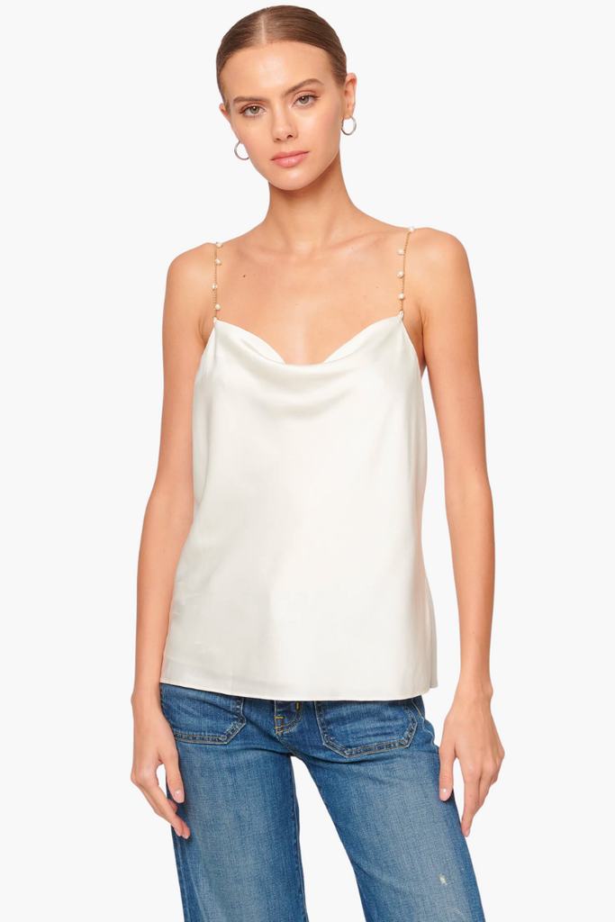 Upgrade your wardrobe with the timeless elegance of the Busy Cami in White from CAMI NYC, featuring a cowl neckline, pearl chain straps, and silk stretch sandwash charmeuse that's perfect for dressing up or down.