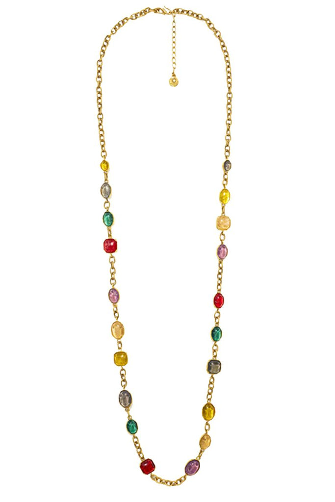 Add a touch of luxury and playfulness to your style with the Cabochons Rainbow Long Necklace from Goossens Paris, inspired by the changing colors of the seasons and carefully crafted with unique and colorful stones for a one-of-a-kind look that's perfect for any occasion.