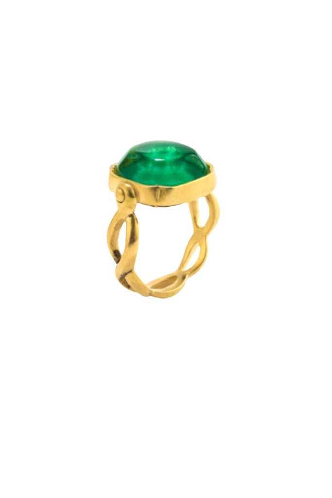 The Cabochons Squared Ring by Goossens Paris is a timeless statement piece of jewelry with hand-dyed rock crystal stones and a square cabochon centerpiece made of rock crystal tinted with emerald green, showcasing the brand's fine craftsmanship and attention to detail.