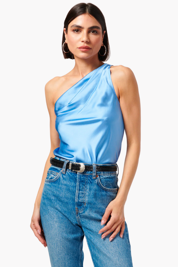 The Darby Bodysuit is a chic and comfortable one-shoulder style made from silk stretch sandwash charmeuse with an asymmetrical draped neckline and pleats at the shoulder and wearer's right side seam, making it a must-have wardrobe essential.