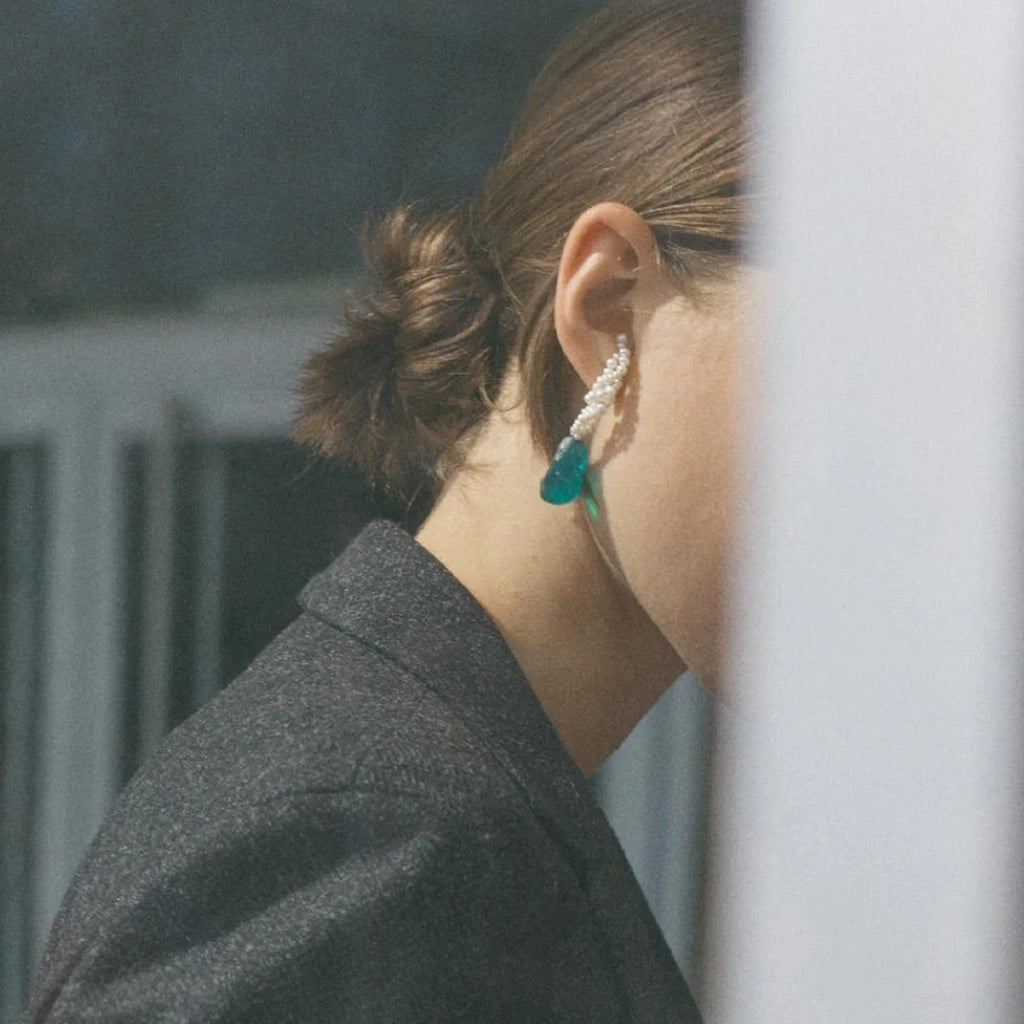 Gotcha Pearl and Green Resin Gold Vermeil Earrings completedwork maison muguet