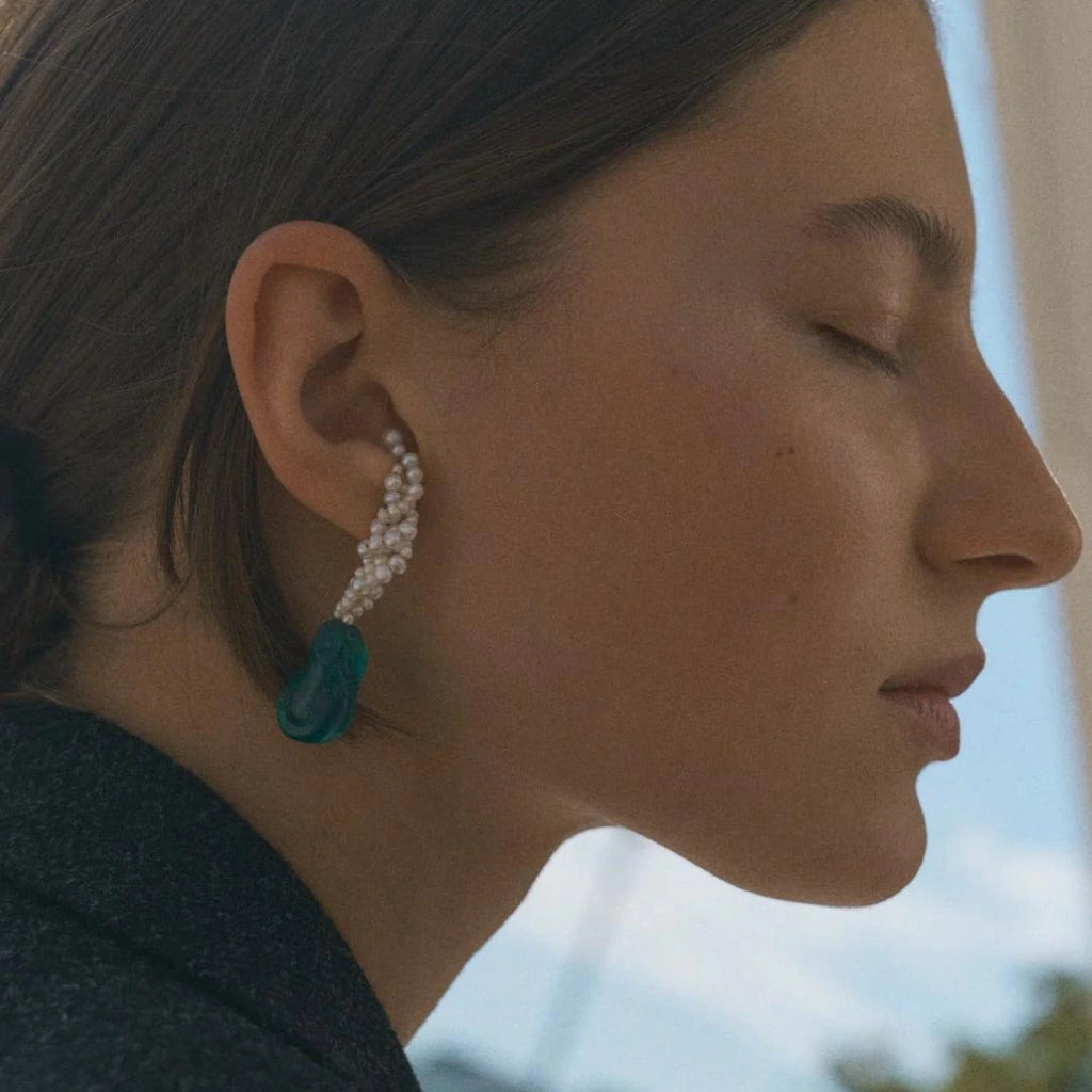 Gotcha Pearl and Green Resin Gold Vermeil Earrings completedwork maison muguet
