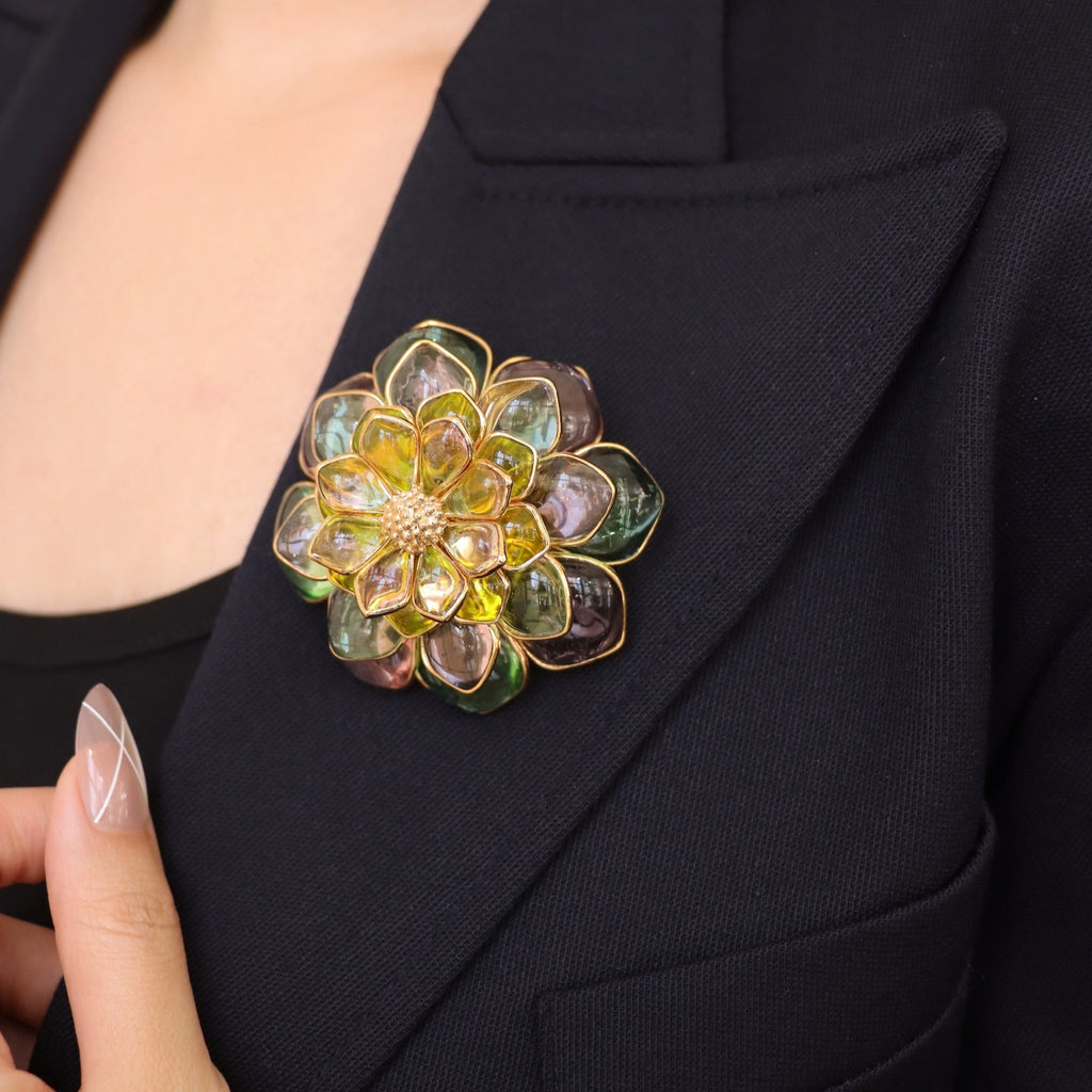 Multicolored floral brooch on a black blazer
