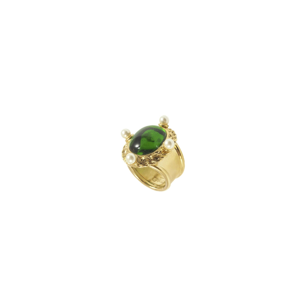 Gripoix Chevalière Pearl Ring Gold and Green with Pearls
