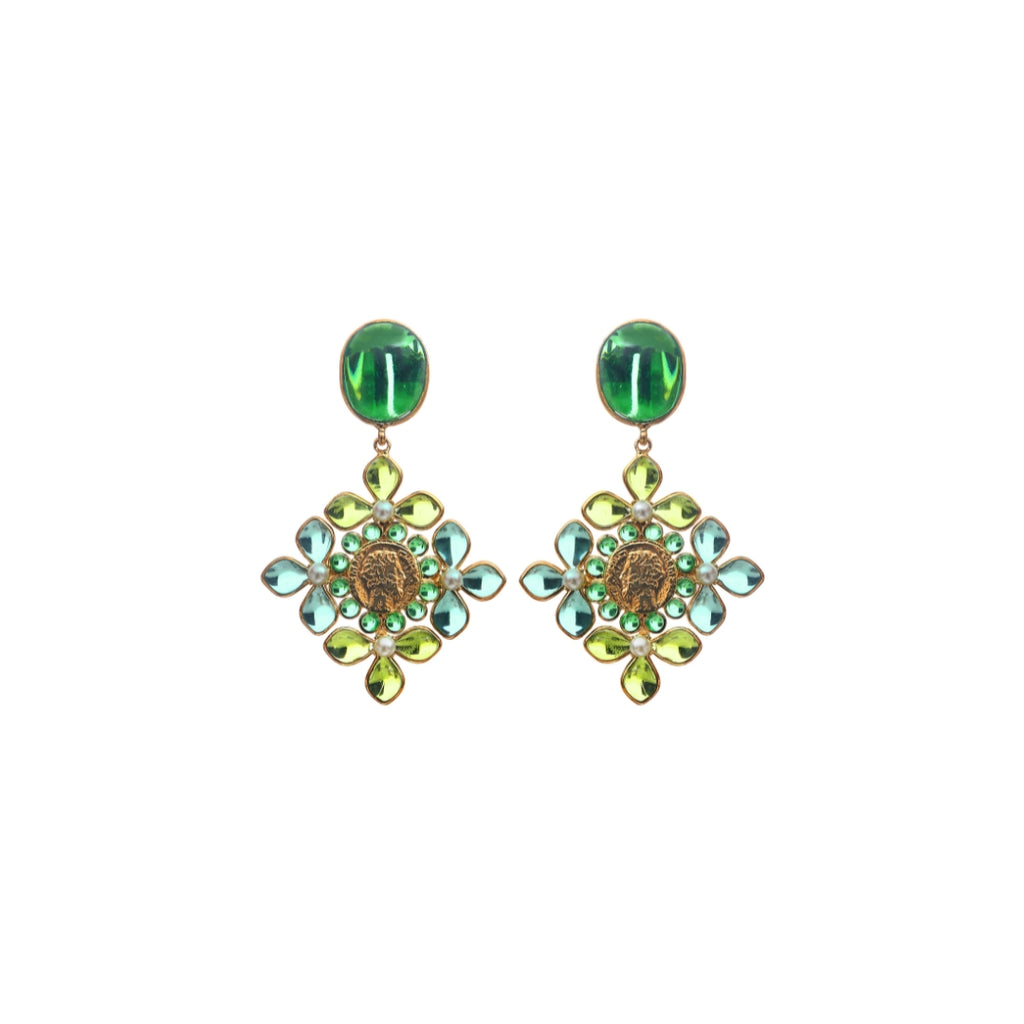 Gripoix Summer in Greece Statement Earrings with Pearls Clipon Gold and Green