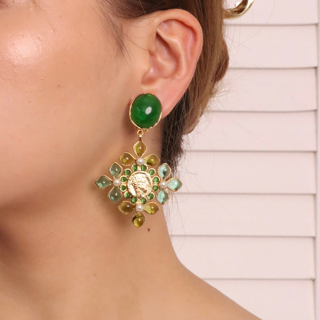 Gripoix Summer in Greece Statement Earrings with Pearls Clipon Gold and Green