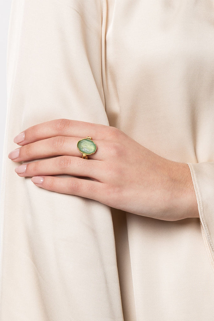 Luxury fashion jewelry 2 Cabochons Oval Ring Lime Green Tinted Rock Crystal Goossens 800x1200