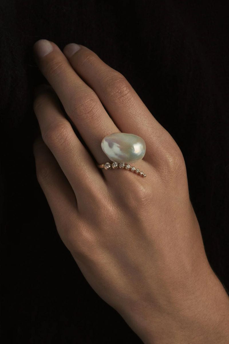 Sea of Beauty Collection. Open Multi Diamond and Baroque White Pearl Ring