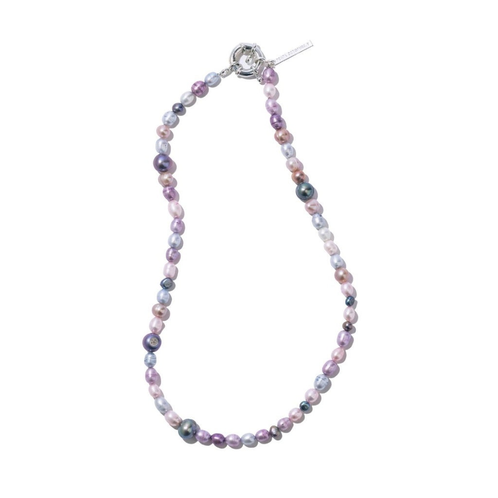 Necklace with multicolored beads on a white background