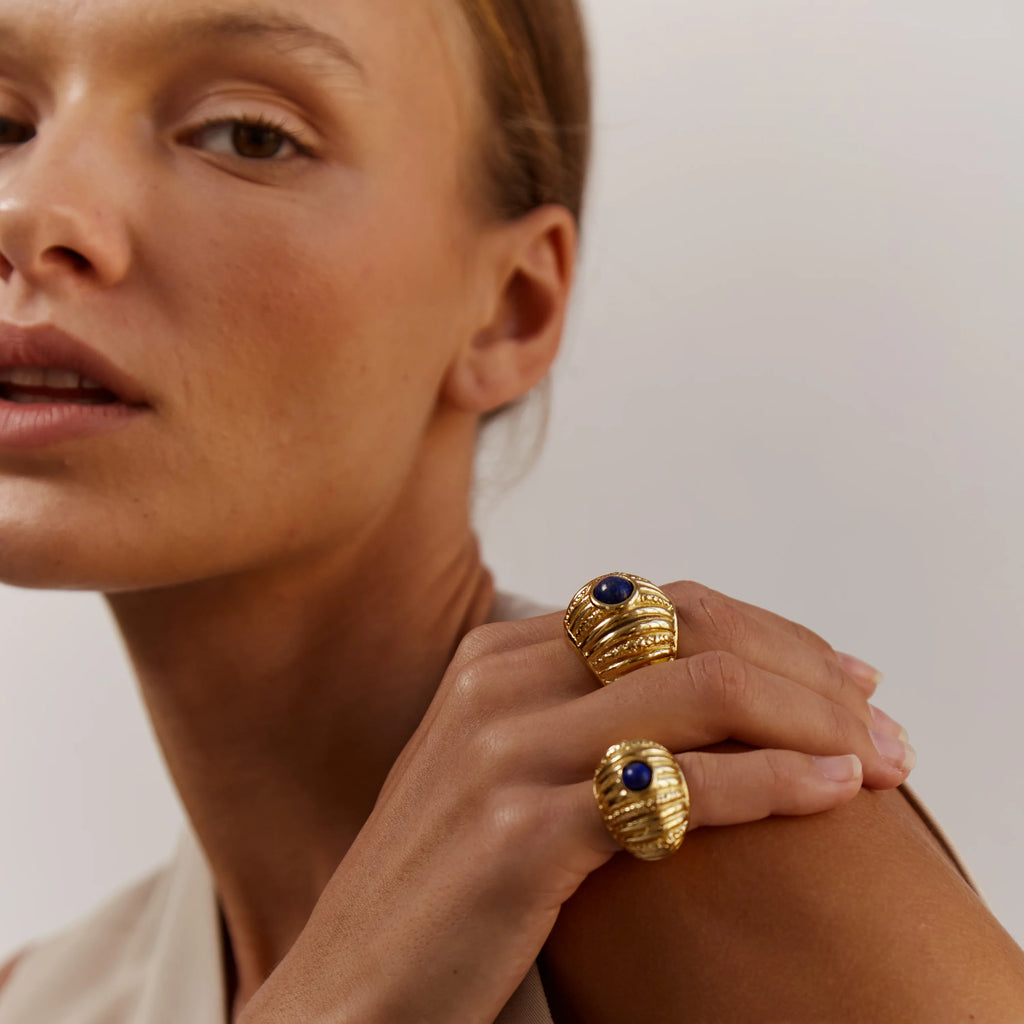 Close-up of a woman wearing Paola Sighinolfi Reef Ring Lapis Lazuli
