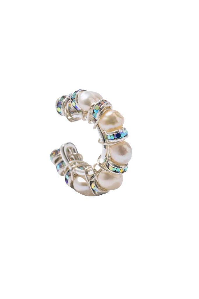 Add some sophistication to your look with Pearl Diamond Ear Cuff, handcrafted with silver plated rondelle crystals and freshwater pearls on a 925 Silver Sterling base and sold individually.