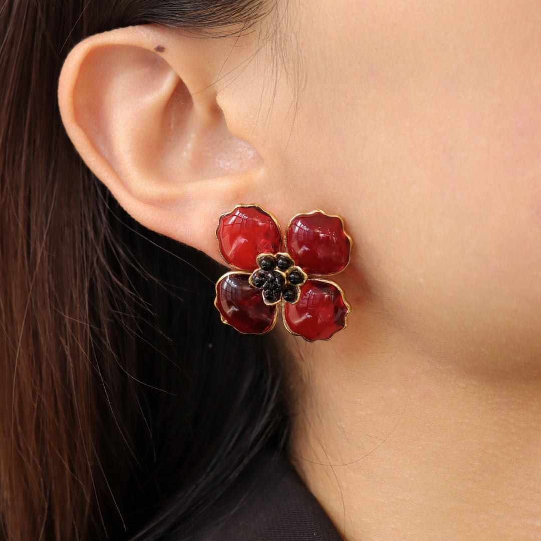 Poppy Flower Big_Earrings_Jewelry_Red and Black_Gripoix