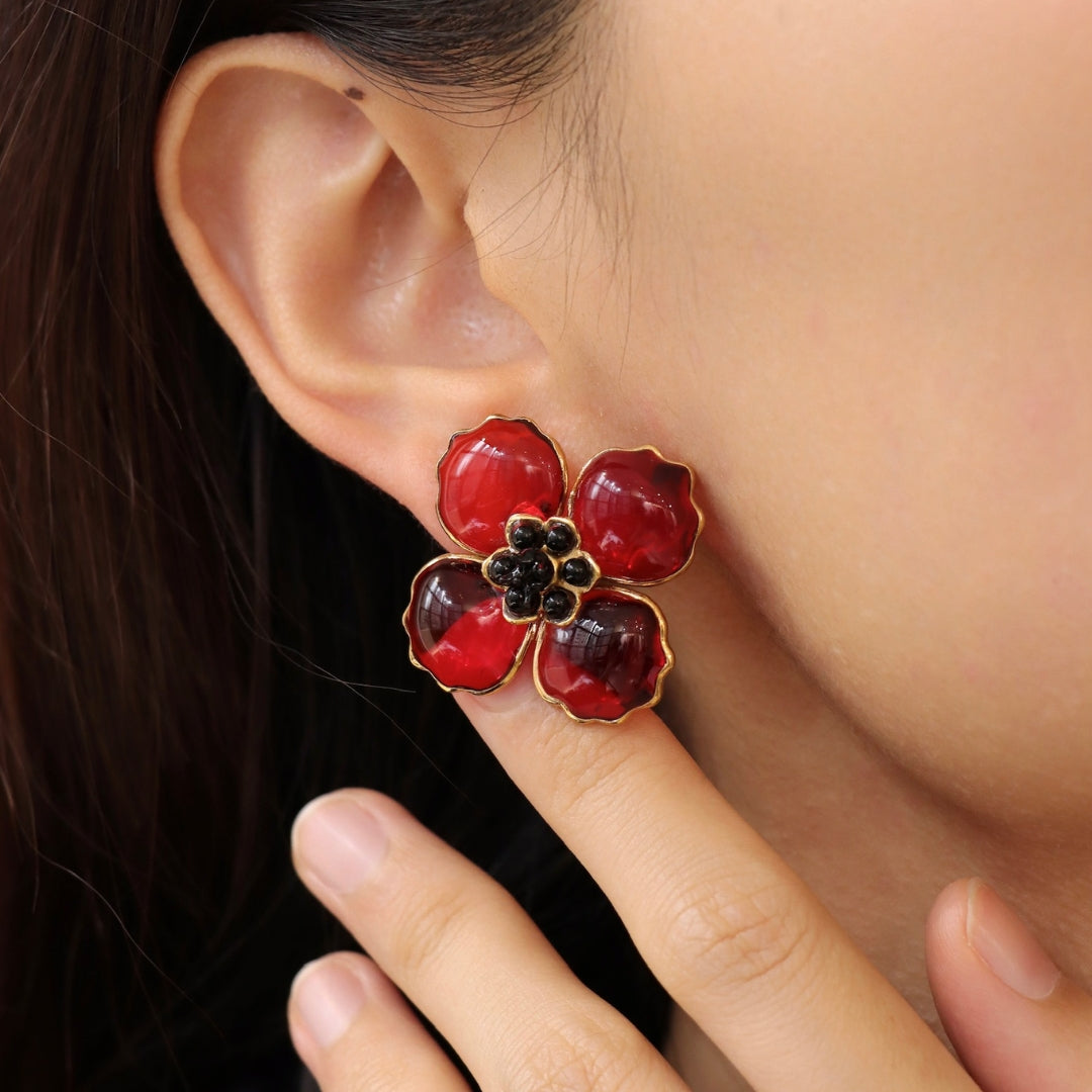 Poppy Flower Big_Earrings_Jewelry_Red and Black_Gripoix