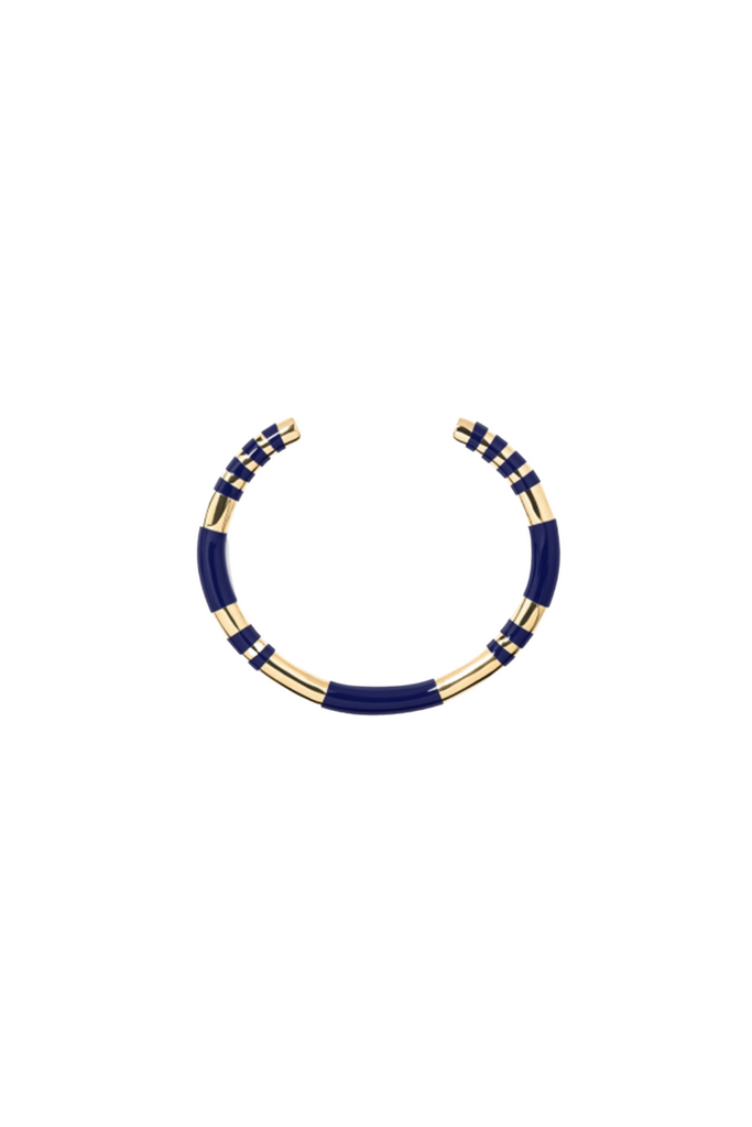 The Aurelie Bidermann Blue Positano Bangle features delicate blue resin with gold color, creating a timeless and elegant look. The adjustable fit ensures a perfect fit for any wrist size.