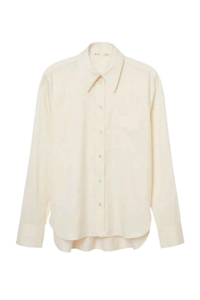 Elevate your wardrobe with Bite Studios' Silk Mix Shirt, a luxurious and versatile classic button-up with a subtle stripe and a relaxed, boxy fit.
