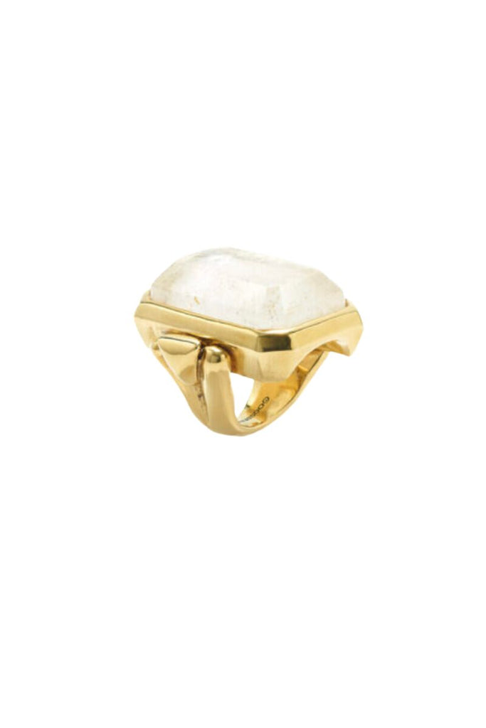 Make a statement with the elegant and sophisticated Stones Large Ring from Goossens Paris, featuring unique emerald-cut semi-precious stones on a 24-carat gold-soaked brass chain that exudes luxury and can be worn with affirmation or discretion for any occasion.