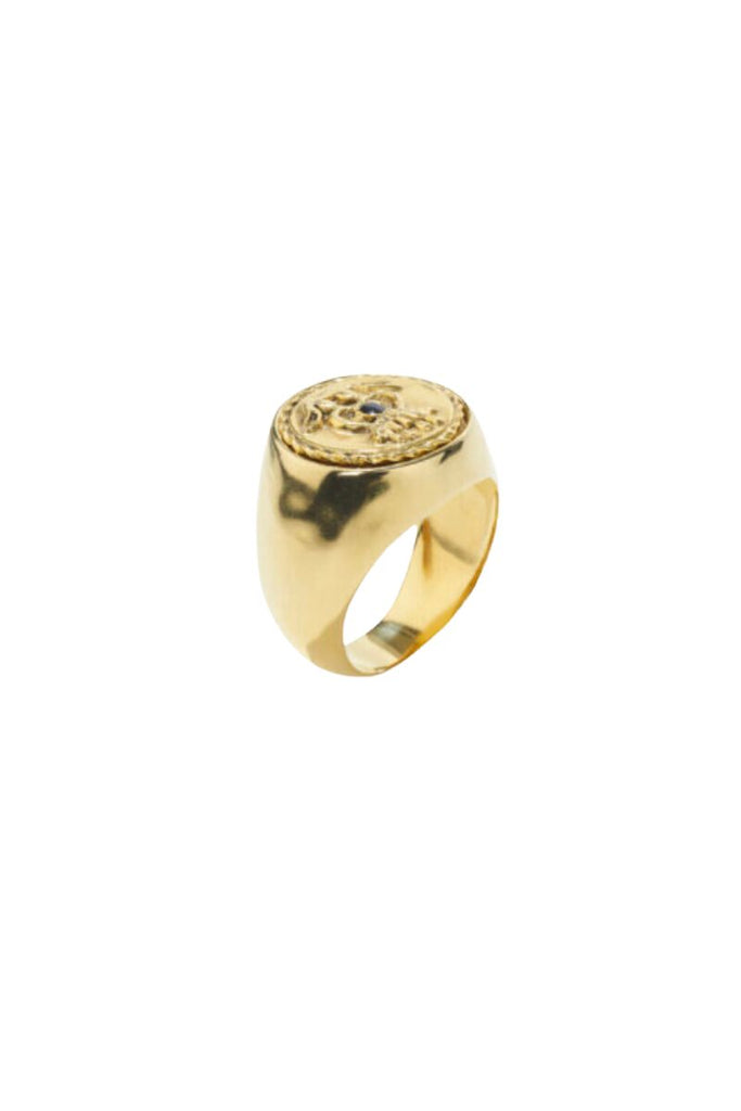 Embrace your astrological sign with the Talisman Gemini Signet Ring from the House of Goossens, a stunning piece of art crafted from brass and dipped in yellow gold, featuring a sleek and timeless design with an embellished Gemini sign in colored enamel.
