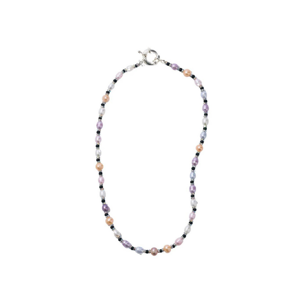 Make a playful statement with the Tous Les Jours Candy Necklace from Pearl Octopuss.y, featuring hand-dyed mixed colored pearls with silver plated rondelle and rocaille beads!
