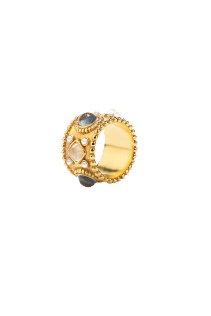 The Venise collection by Goossens pays homage to antique and Byzantine jewelry with delicate designs featuring natural rock crystal, freshwater pearls, mother-of-pearls, and turquoise, and the Venise ring is a prime example of the collection's attention to detail and superb craftsmanship.