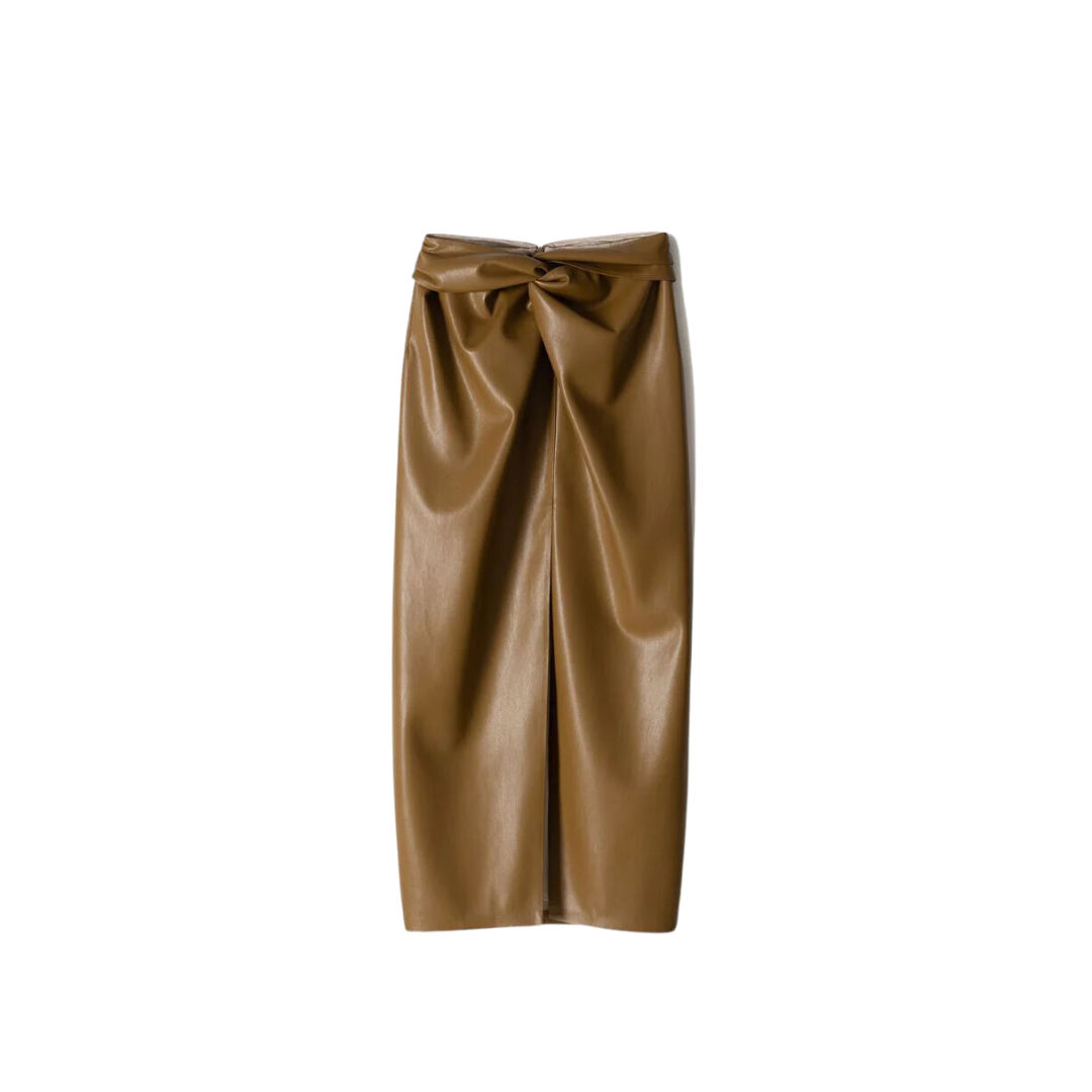 Inci Twisted Front Midi Skirt Curry