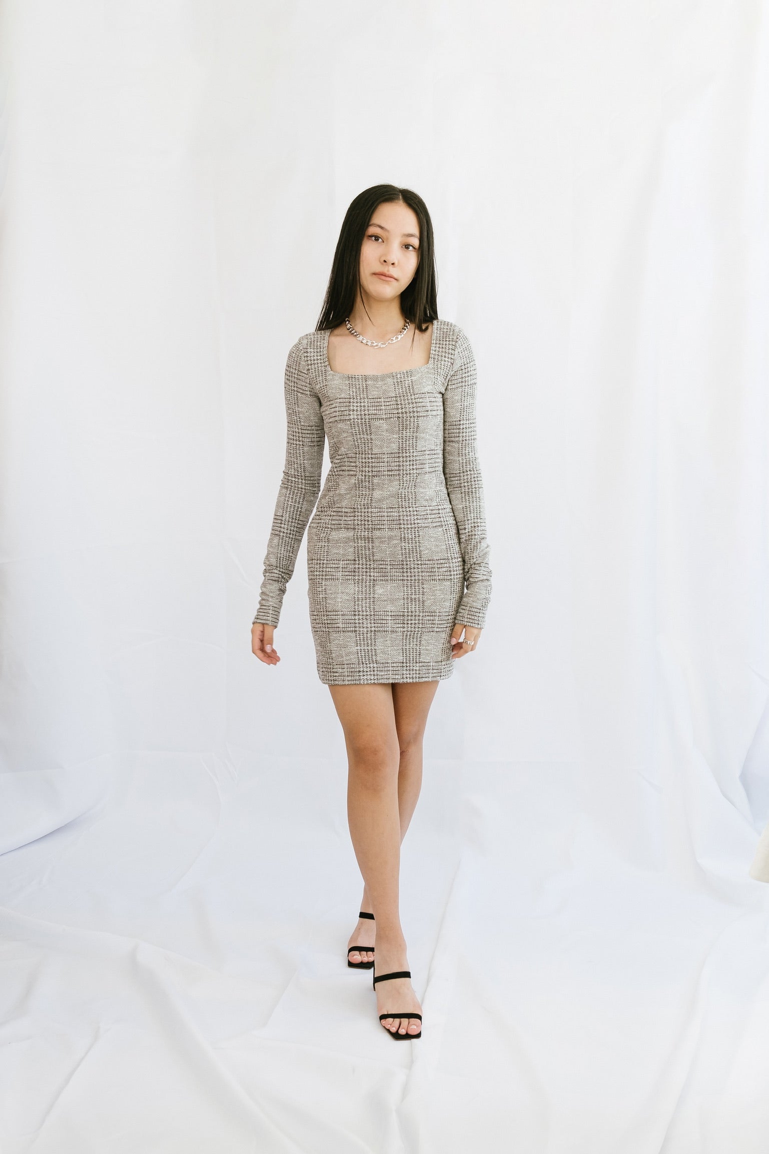 Lovis Square Neck Long Sleeve Dress Grey