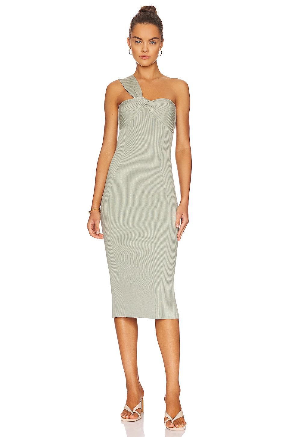 Laurena Compact Rib One Shoulder Midi Dress Basil