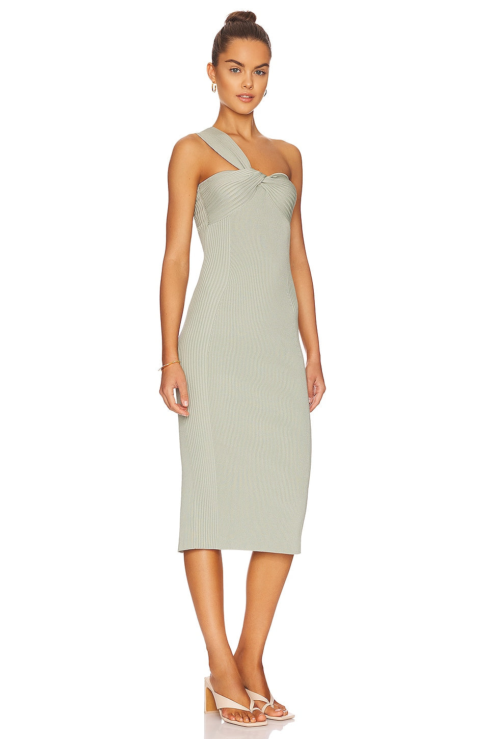 Laurena Compact Rib One Shoulder Midi Dress Basil