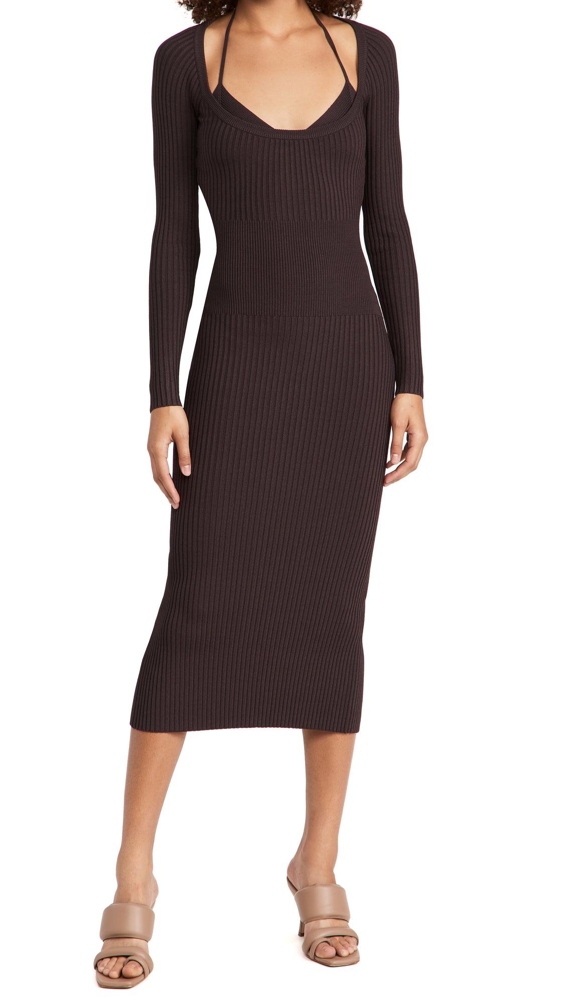 Liza Compact Rib Scoop Neck Midi Dress Chocolate