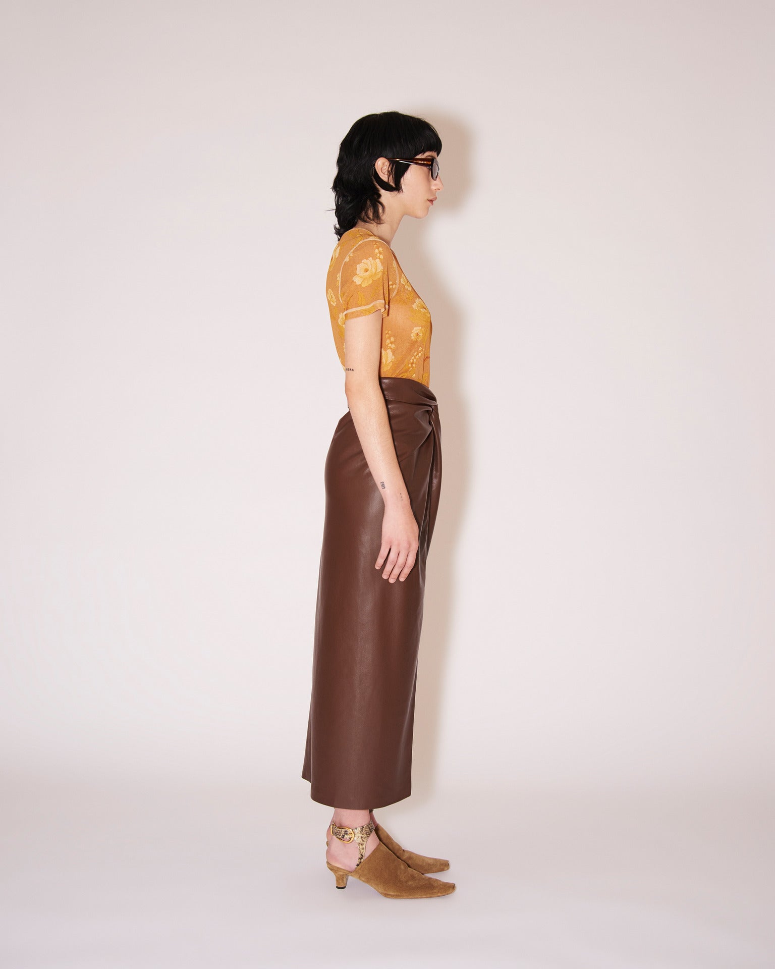 Inci Twisted Front Midi Skirt Dark Brown