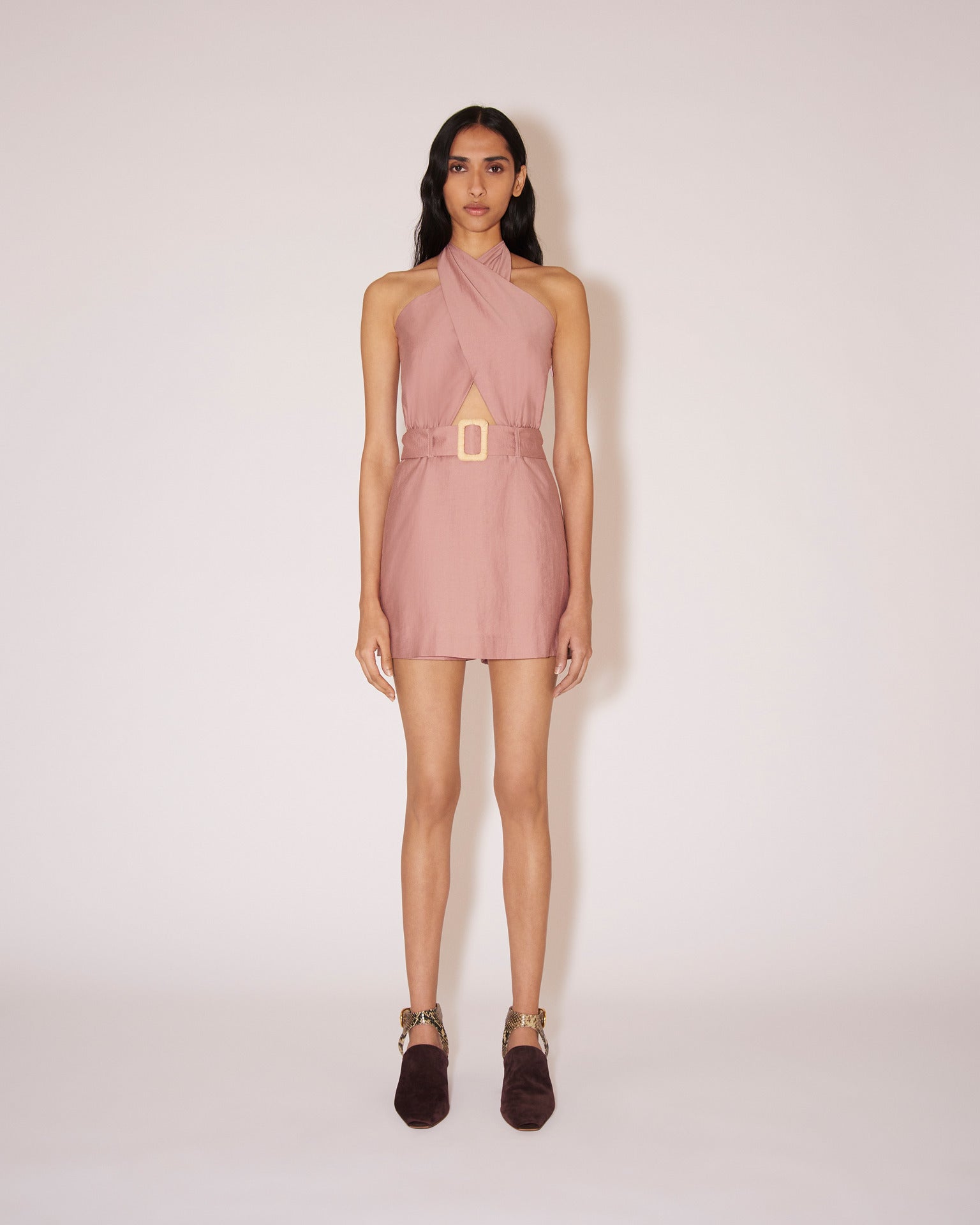 Nadie Belted poplin mini dress Faded rose